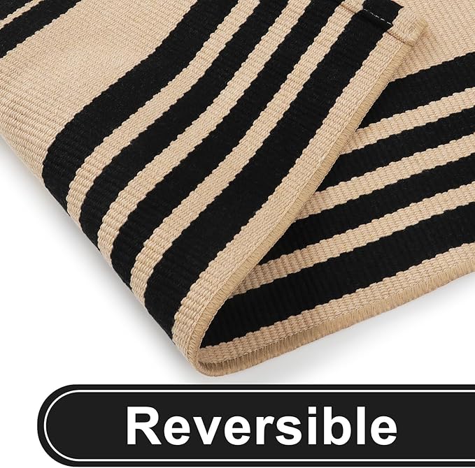 KIMODE Striped Outdoor Rug 3'x 5',Washable Reversible Fall Outdoor Patio Rugs,Cotton Hand Woven Farmhouse Welcome Layered Door Mats for Front Door Entryway Porch Halloween Decor Black and Khaki