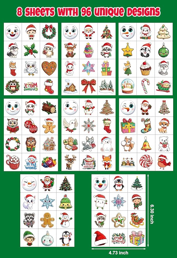 JCFIRE Christmas Temporary Tattoos for Kids Stocking Stuffers, 96pcs Waterproof Tattoo Stickers Christmas Party Favors, Stocking Stuffers for Kids Toddlers Teens Boys Girls, Goodie Bag Stuffers