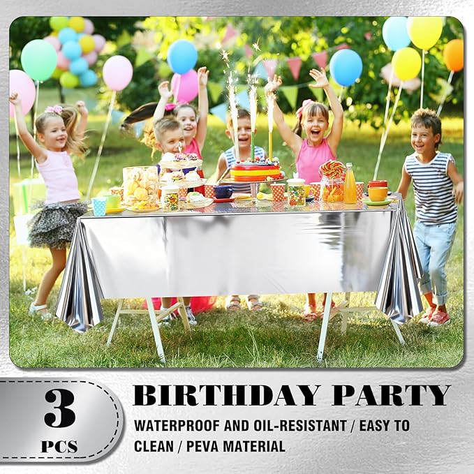 mwellewm 3Pcs Silver Tablecloth 54 * 72 inch Plastic Shiny Disco Table Cloth Disposable Foil Table Cover for Birthday New Year Decorations Wedding Christmas Anniversary Dinner Grad Party Supplies