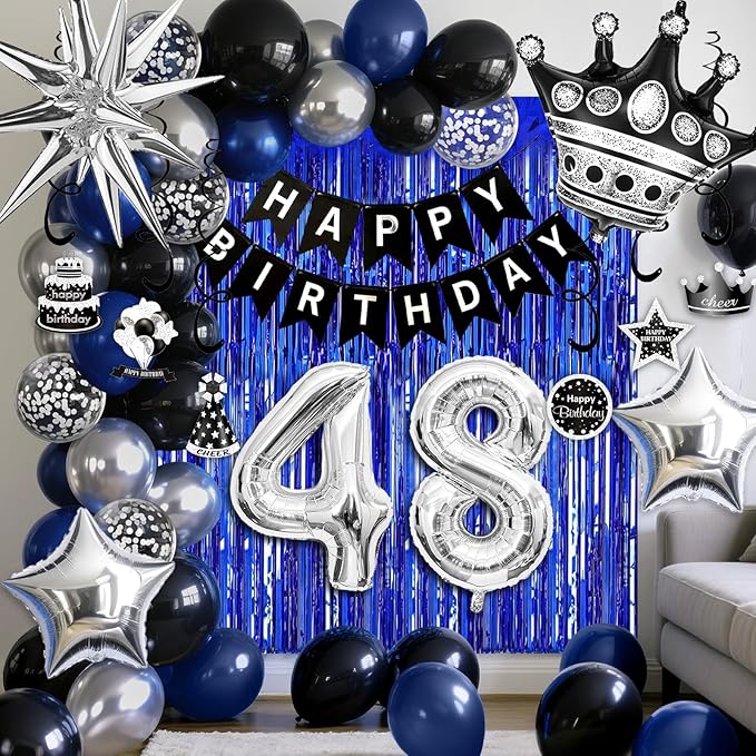 48th Birthday Decorations for Men and Women, Black Blue Silver Happy Birthday Number 48 Balloons, Banner, Fringe Curtains Garland Kit - 48 Year Old Party Supplies