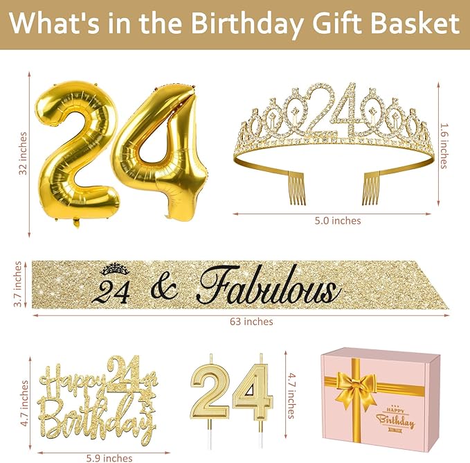 24th Birthday Decorations for Women Gold with 24th Birthday Sash and Tiara, Cake Topper and Candles, Number Balloons Gold, 24 Year Old Gifts for Women