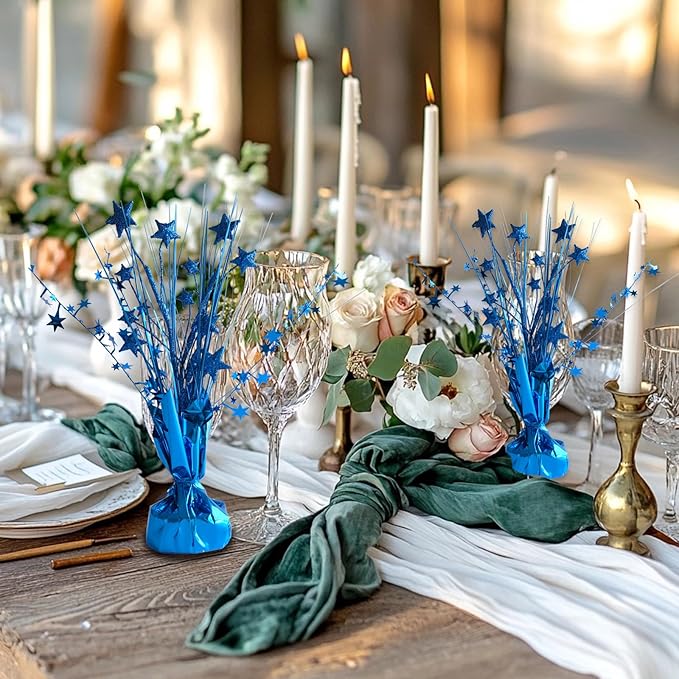 12 Pack Metallic Blue Foil Spray Centerpieces Stars Brust Table Centerpieces for Wedding Birthday Anniversary Holiday Party Decor, Metallic Star Balloon Wights for Party, Table Decor for Party