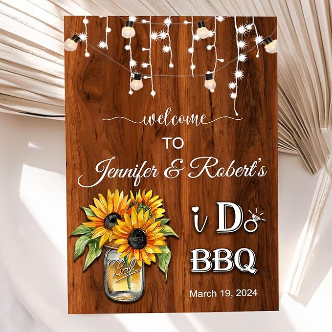 I Do BBQ Couples Shower Welcome Sign - Sunflowers Faux Wood Decoration for Barbeque