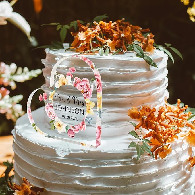 Custom Wedding Heart Acrylic Plaque,Mr & Mrs Cake Topper,Personalized Wedding Keepsake/Gift/Sign (Style 21)