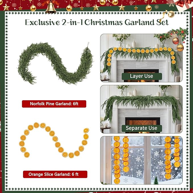 Christmas Garlands Set-6ft Norfolk Pine Garland with Dried Orange Slice,Real Touch Winter Pine Garland Green Artificial Greenery for Christmas Table Fireplace Mantle Xmas Holiday Decoration