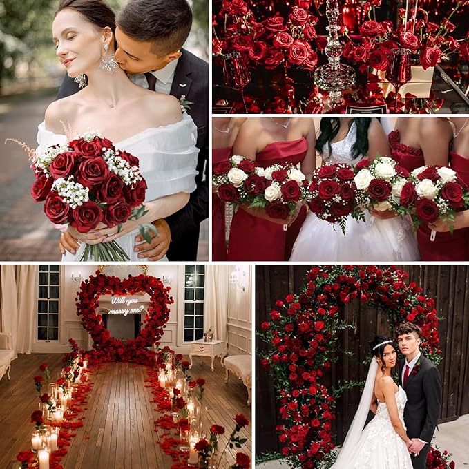 Tifuly 50 Pcs Red Roses Artificial Flowers Bulk,Realistic Long Stem Fake Silk Roses Bouquet for Wedding Centerpiece Table Vases Party Home Kitchen Decor（Burgundy）