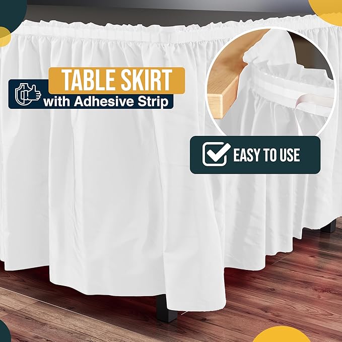 Exquisite Ruffle Table Skirt White 48 Pack 14 Ft Long Table Skirts for Rectangle Tables 6ft Plus or Round Tables Skirts with Adhesive Strip for Gender Reveal Decor & Happy Birthday Parties