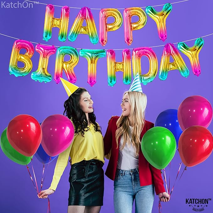 KatchOn, Rainbow Happy Birthday Balloon Letters - 16 Inch | Birthday Decorations for Women, Men, Boys and Girls | Hbd Foil Balloon Banner Backdrop For Neon Party Decorations | Birthday Signs For Party