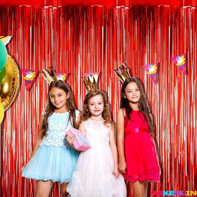 4 Pack Red Foil Fringe Curtain Backdrop, 3.2Ft x 9.8Ft Metallic Tinsel Foil Fringe Streamers Curtains for Party, Photo Booth Props, Birthday, Wedding, Christmas Party Decoration Supplies