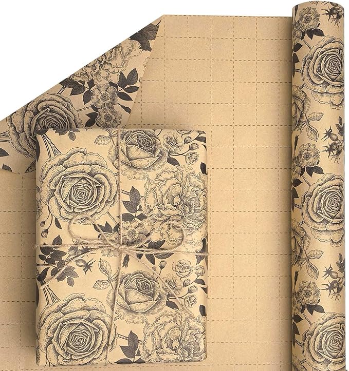 YXTII Wrapping Paper Large Roll, Flower Gift Wrap Paper with Cut Lines for Wedding, Valentines, Christmas, Bridal Shower, Baby Shower, 17 In x 49 Feet