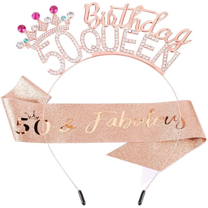 VELSCRUN 50th Birthday Queen Headband, Tiara Crown for Women, 50th Birthday Decorations for Her, Birth Queen Tiaras Crowns Sash for Women Mom Birth Party Decoration Hair Accessories Rose Gold