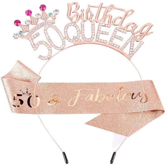 VELSCRUN 50th Birthday Queen Headband, Tiara Crown for Women, 50th Birthday Decorations for Her, Birth Queen Tiaras Crowns Sash for Women Mom Birth Party Decoration Hair Accessories Rose Gold
