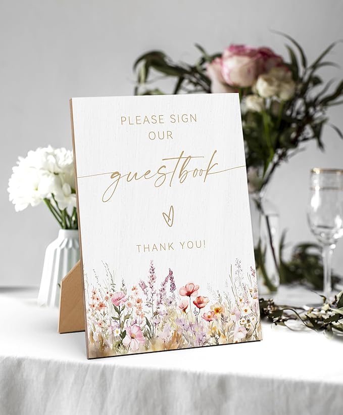 Floral Wedding Please Sign Our Guestbook Sign, Wedding Reception Table Decor, Reception Table Wooden Sign with Back Stand for Bridal Shower Parties, Engagement Night Accessories, Anniversary Party, 16