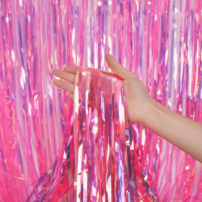 GREATRIL Holographic Tinsel Foil Fringe Curtain, 3.2 x 6.5 ft, Iridescent Party Streamers, 2 Pack (Pink)
