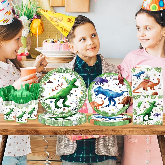 140 Pcs Watercolor Dinosaur Party Supplies Dinosaur Theme Birthday Party Decoration Includes Plates Cups Napkins Knives Forks Spoons Tableware for Boys Birthday,Serves 20 Guests