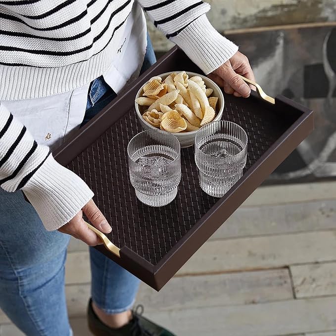 HofferRuffer Faux Leather Rectangle Serving Tray Decor Platter with Gold Metal Handles for Coffee Table, Breakfast, Tea, Food, Countertop, Kitchen, Butler Tray, 16.2 x 12.2 x 2 inches (Coffee)