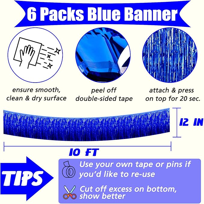 6 Pack 10 Feet Foil Fringe Garland Metallic Tinsel Banner Wall Hanging Curtain Streamers Backdrop for Parade Floats Bachelorette Wedding Birthday Party Thanksgiving Christmas Decorations(Blue)