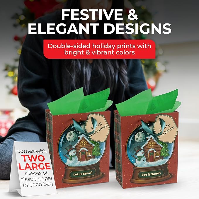 RACHELLE'S Snow Globe Christmas Gift Bags – Small 9"x7"x3" (10-Pack) – Sturdy Paper Gift Bags with Tissue Paper, Tag and Handle – Let It Snow – Perfect for Christmas Holiday Gifting & Party Favors