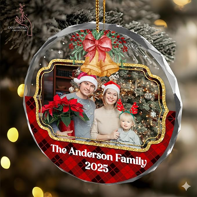 Personalized Christmas Ornament with Photo for Family, Custom Picture Crystal Ornaments for Christmas Tree Decorations, Unique Customized Xmas Decor Ideas for Family (#PGO07)