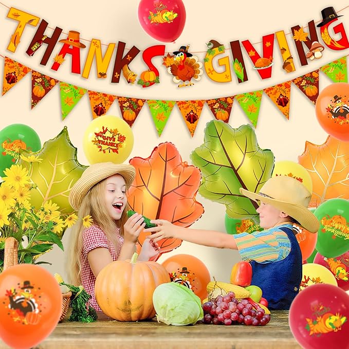 Thanks Giving Banners Large Maple Leaves Foil Balloons, Turkey Pumpkin Bunting Banners Latex Fall Balloons for Thanksgiving Day Party Decorations