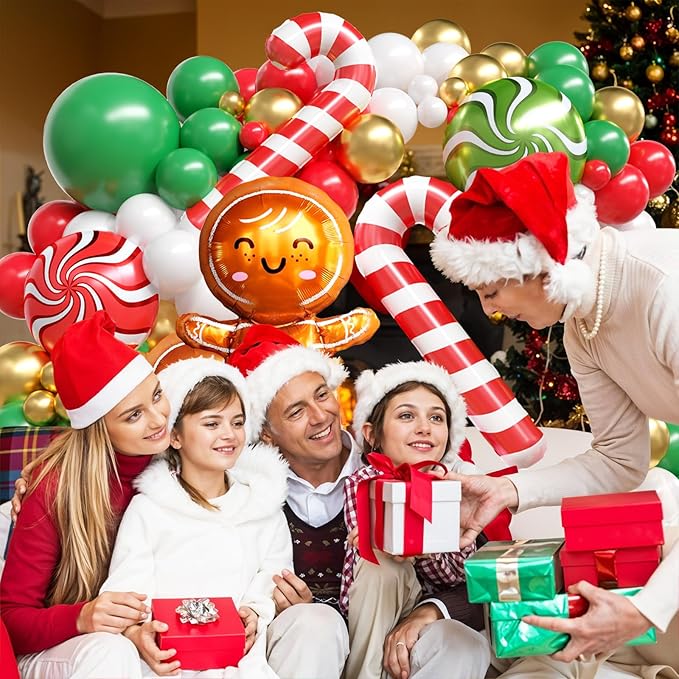 Christmas Balloon Arch Kit, Gingerbread Man Balloon Garland with Green Red White Balloons Candy Cane Foil balloons for Christmas Party Decorations Xmas Party Supplies