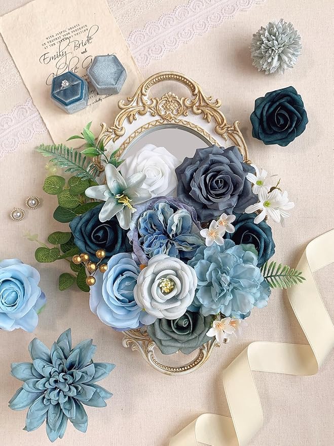 Roses Artificial Flowers Blue Fake Flower Bulk for DIY Wedding Bouquet Bridal Baby Shower Centerpiece Table Decorations Silk Faux Floral Arrangements for Party Home Decor Cake Decorating