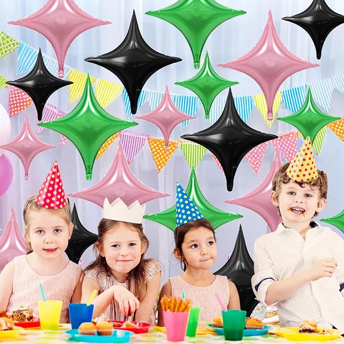 Black Pink Green Balloons,12Pcs Four Angle Star Foil Balloons,26Inch and 10Inch Black Green Pink Quadrangle Star Helium Balloon for Witch Halloween Birthday Anniversary Party Decorations