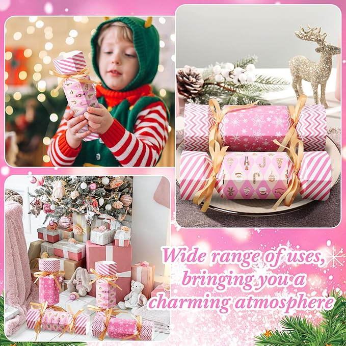 Xinnun 50 Packs Christmas Cracker Kit No Snap Xmas Party Table Favors Snowflake Reindeer DIY Christmas Party Cracker Candy Boxes for Holiday Dinner Decoration Gift(Pink Style)