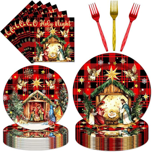 96Pcs Happy Birthday Jesus Decorations Disposable Tableware Set - O Holy Night Jesus Paper Plates Napkins Forks Christmas Jesus Birthday Party Supplies Serve 24 Guests