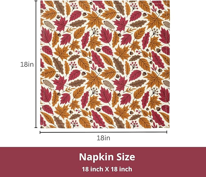 PurpleEssences Fall Harvest Decor Thanksgiving Napkins, 18x18 Fall Cloth Napkins Set of 6, 100% Cotton Autumn Leaves Dinner Napkins for Farmhouse Kitchen, Fall Garden