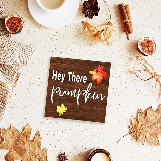 Funny Autumn Wood Box Sign Hey There Pimpkin Wooden Block Desk Decor for Home Office Kitchen Cubicle Table Shelf Tabletop,Farmhouse Fall Sign Decor