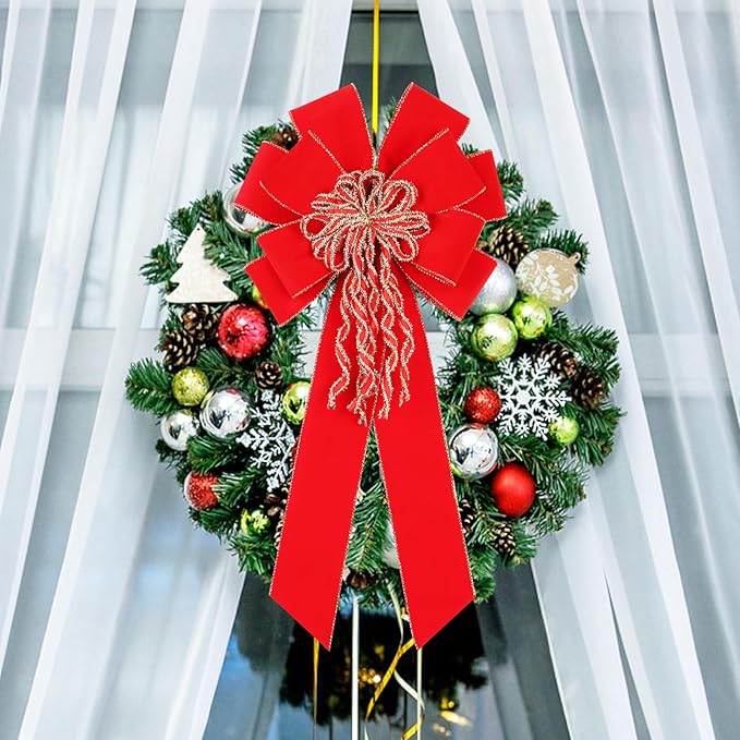 Super Holiday Red Christmas Bows, 20”x10.5” Large Velvet Christmas Tree Topper Ornaments for Xmas Tree Decorations, for Home Front Door Wreath Bow Indoor Outdoor Party Decor.