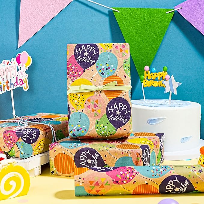 WRAPAHOLIC Kraft Birthday Wrapping Paper Roll - Mini Roll - 17 Inch x 9.8 Feet - Colorful Balloon with Confetti Design for Girls Boys Kids, Baby Shower, Party