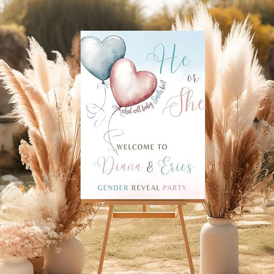 Gender Reveal Welcome Sign, Blue Pink Heart Balloon He or She Gender Reveal Welcome Sign