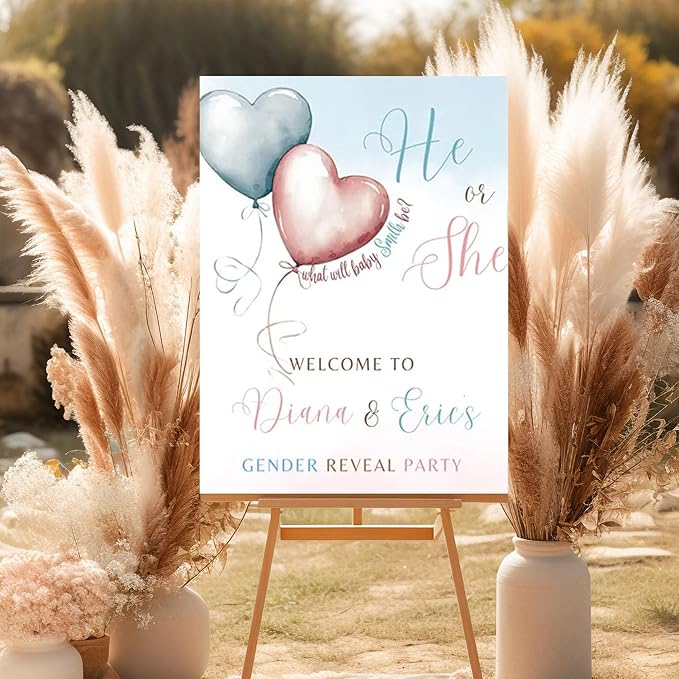 Gender Reveal Welcome Sign, Blue Pink Heart Balloon He or She Gender Reveal Welcome Sign