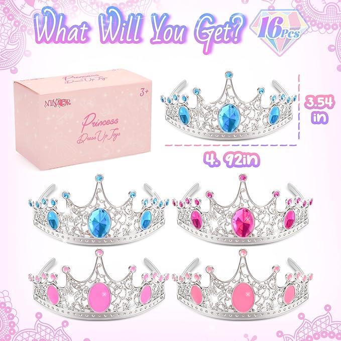 Party Favors Princess Crowns for Little Girls, 16Pcs Princess Dress Up Tiaras for Kids Jewelry Cosplay Accessories, Princess Toys Headband