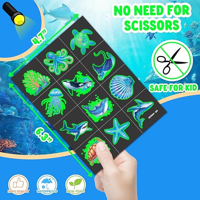 96 PCS Ocean Sea Animal Shark Whale Fish Pre-Cut Luminous Glow in the dark Temporary Tattoos for Kids | Super Cute Themed Birthday Party Favors Supplies Decorations, Fake Tattoos Gifts for Boys Girls