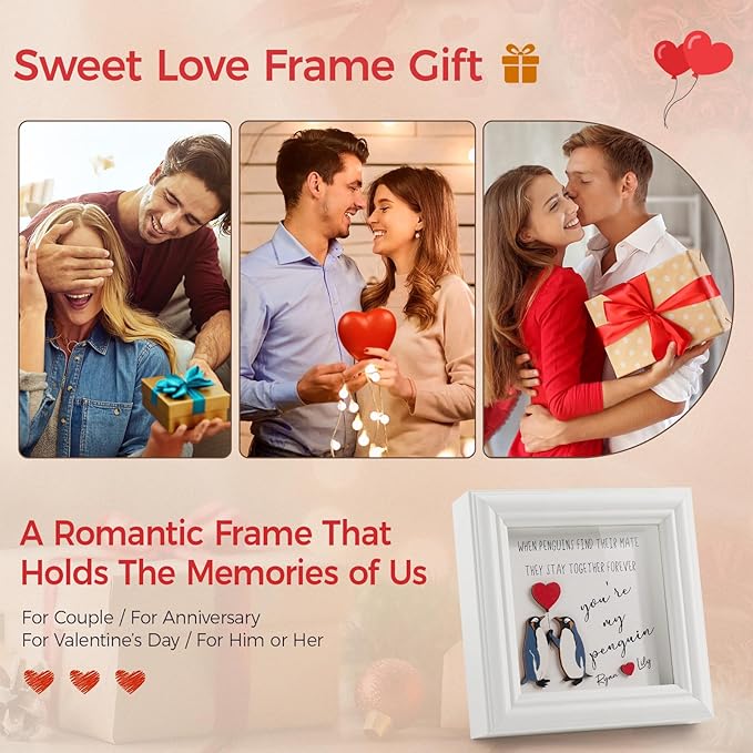 Valentine’s Day Gifts Shadow Box Frame – You Are My Penguin Gifts for Her Him, Cute Couple Gift, 3D Wooden Penguin Love Picture Frame, Anniversary Christmas Birthday Gift for Boyfriend Girlfriend (PenguinWH)