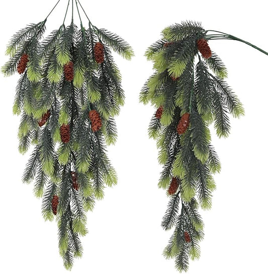 RECUTMS Artificial Christmas Teardrop Artificial Pine Branches with Pine Cones Green Plants Pines Needles Fake Hanging Plants Outdoors DIY Accessories for Christmas Home Garden Decor(Light Green)