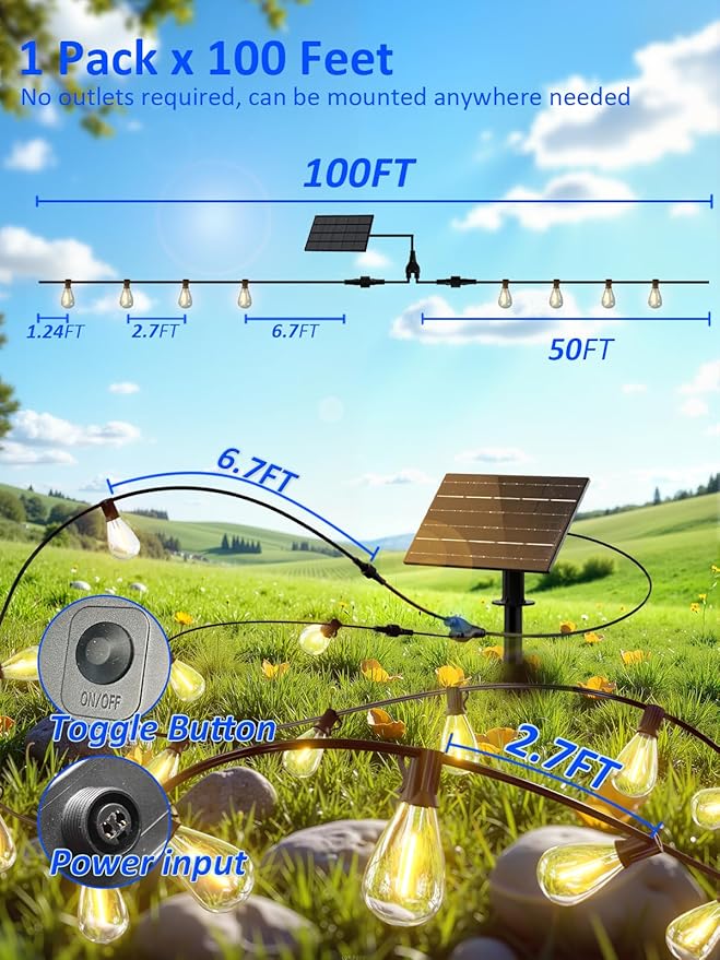 luckystyle 100FT Solar String Lights Outdoor Waterproof with 36+2 LED Bulbs Long Last for 20+Hrs, Commercial Grade Shatterproof Patio Solar Powered Lights for Camping，Backyard, Garden, Porch Decor