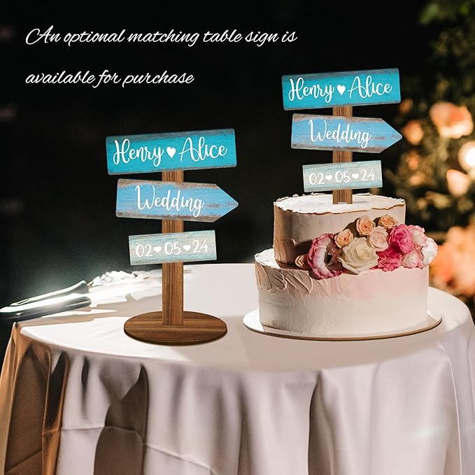 Personalized Beach Themed Wedding Cake Topper in Wood Custom Bride & Groom Names Initials Wedding Date Cake Decoration (Ocean)
