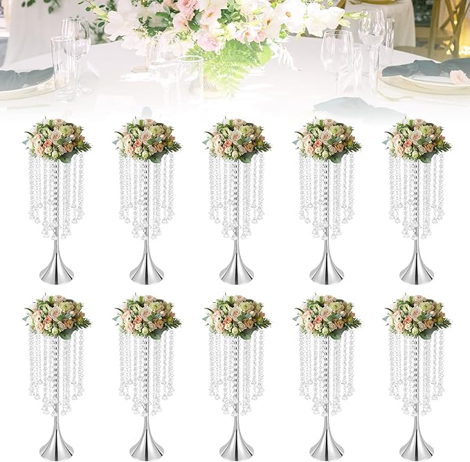 Wedding Centerpieces Silver Vases,10PCS Metal Flower Candle Holder with Sparkling Crystal Beads,Crystal Flower Vase Metal Flowers Stand for Party Tables Decorations (10PCS-Sliver-3)