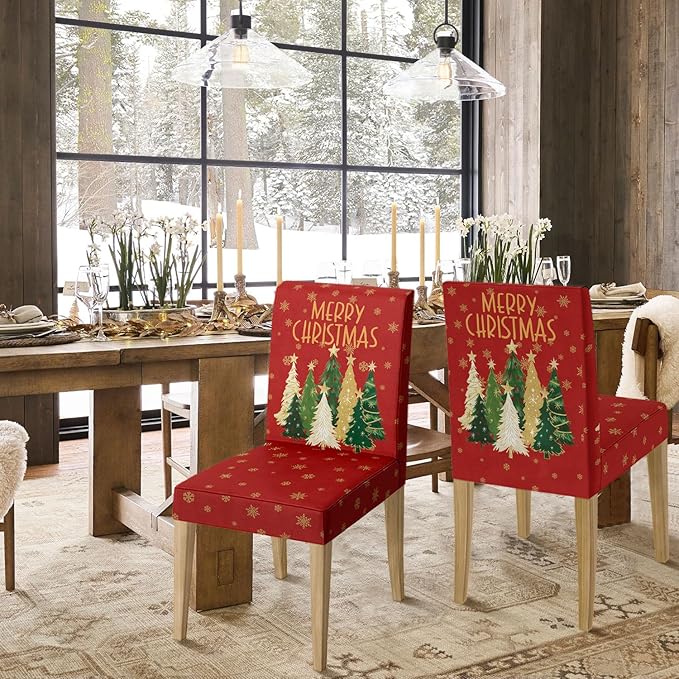 Horaldaily 4PCS Christmas Dining Red Chair Covers, Christmas Pine Tree Stars Stretch Removable Washable Slipcover Chair Protector for Dining Room Home Decor