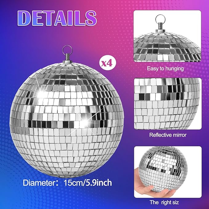 4 Pack Large Disco Ball Silver Hanging Disco Balls Reflective Mirror Ball Ornament for Party Holiday Wedding Dance and Music Festivals Decor Club Stage Props DJ Decoration (6 Inch)