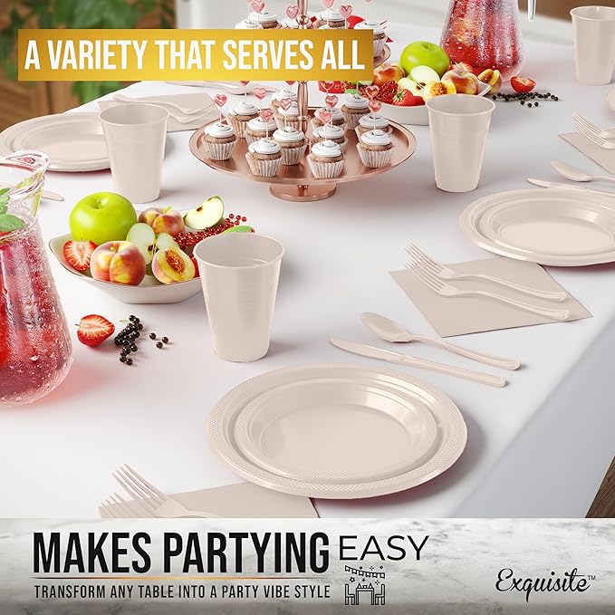 Party Solids 350 Pieces Ivory Plastic Plates For Party, Ivory Disposable Plates Set, 50 Of Each 9" Dinner Plate Set, 7" Dessert Plate, Cups, Napkins & Cutlery Plastic Dinnerware