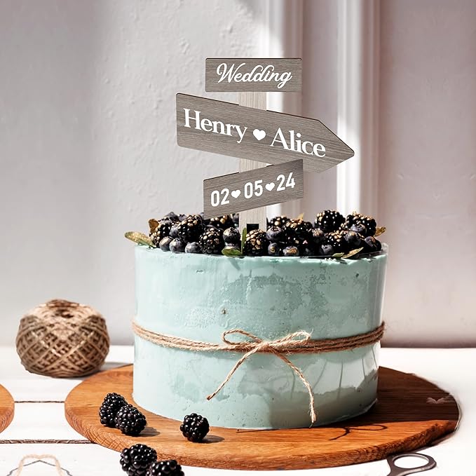 Personalized Rustic Wedding Cake Topper in Wood Custom Bride & Groom Names Initials Wedding Date Cake Decoration (Gray)
