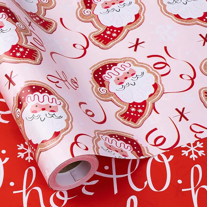 RUSPEPA Reversible Christmas Wrapping Paper Roll, Mini Roll, Adorable Santa Claus, Ribbon Design, Funny Red Ho Ho Ho Gift Wrap Paper Perfect for Girls, Family, Holiday Gifts, 17 Inches x 32.8 Feet