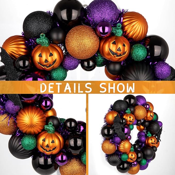 Halloween Wreath for Front Door, 13 inch Small Halloween Ball Wreath with Pumpkins Bats Shatterproof Front Door Wreaths Orange/Purple/Black Ball Ornament for Wall Mantel Porch Indoor Outdoor Decor