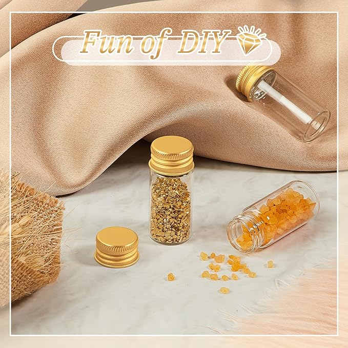 200 Pcs Small Clear Vials Spice Mini Jars with Lids Mini Glass Bottles with Screw Aluminum Metal Caps Tiny Jars Sample Containers for Powder Cream Cosmetic Jewelry Wedding (10 ml,Gold Caps)