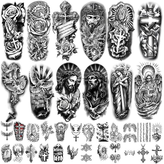 77 Sheets Christian Cross Temporary Tattoo for Women Men, 17 Sheets Half Arm Large Religious Jesus God Fake Tattoos, 60 Sheets Angels Black Christ Tiny for Adult Kids Body Tattoos Stickers Realistic